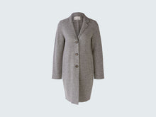 Load image into Gallery viewer, A light gray wool-blend coat with a single-breasted front, three large buttons, and notch lapels, shown on a plain light gray background.
