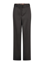 Load image into Gallery viewer, A pair of dark charcoal gray wide-leg trousers with a matching dark belt and a patterned inner waistband, shown on a plain white background.