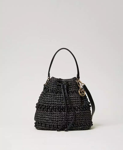 Twinset Crocheted Raffia Bucket Bag in Black