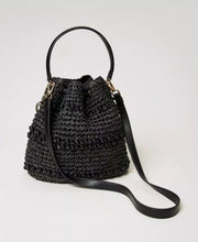 Load image into Gallery viewer, Twinset Crocheted Raffia Bucket Bag in Black
