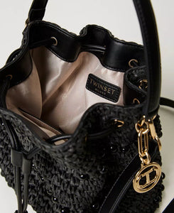 Twinset Crocheted Raffia Bucket Bag in Black