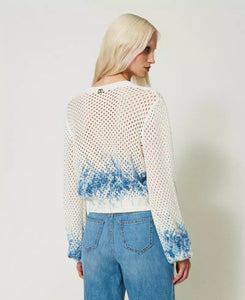 Twinset Cotton Mesh Cardigan in Ivory/Blue