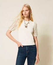 Load image into Gallery viewer, Twinset Short Sleeve Sweater with Lace in Madreperla
