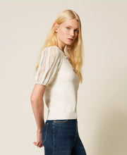 Load image into Gallery viewer, Twinset Short Sleeve Sweater with Lace in Madreperla