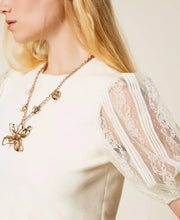 Load image into Gallery viewer, Twinset Short Sleeve Sweater with Lace in Madreperla