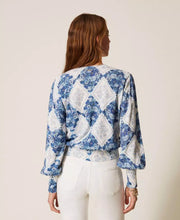 Load image into Gallery viewer, Twinset Diamond Floral Print Sweater in Blue Topaz Diamond Flower Print
