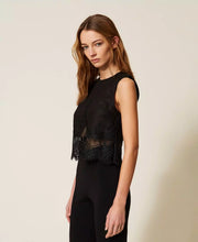 Load image into Gallery viewer, Twinset Linen Top with Lace in Black