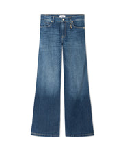 Load image into Gallery viewer, A pair of medium-wash blue denim jeans with a wide-leg, bootcut silhouette, shown flat against a solid white background.