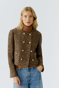 Oui Check Jacket in Dark Camel & Black