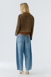 Oui Check Jacket in Dark Camel & Black