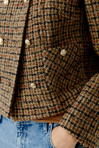 Oui Check Jacket in Dark Camel & Black