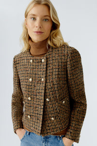 Oui Check Jacket in Dark Camel & Black