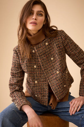 Oui Check Jacket in Dark Camel & Black