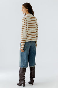 Oui Striped Sweater in Off-White/Camel