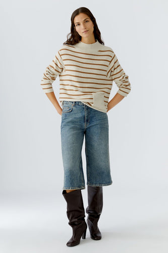 Oui Striped Sweater in Off-White/Camel