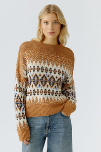Oui Norwegian Sweater in Camel & Off White