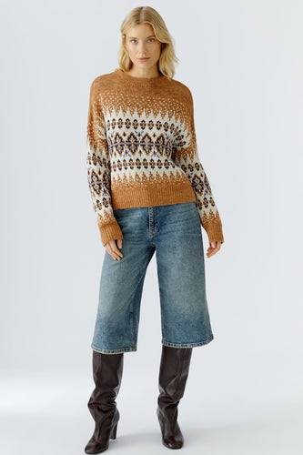 Oui Norwegian Sweater in Camel & Off White