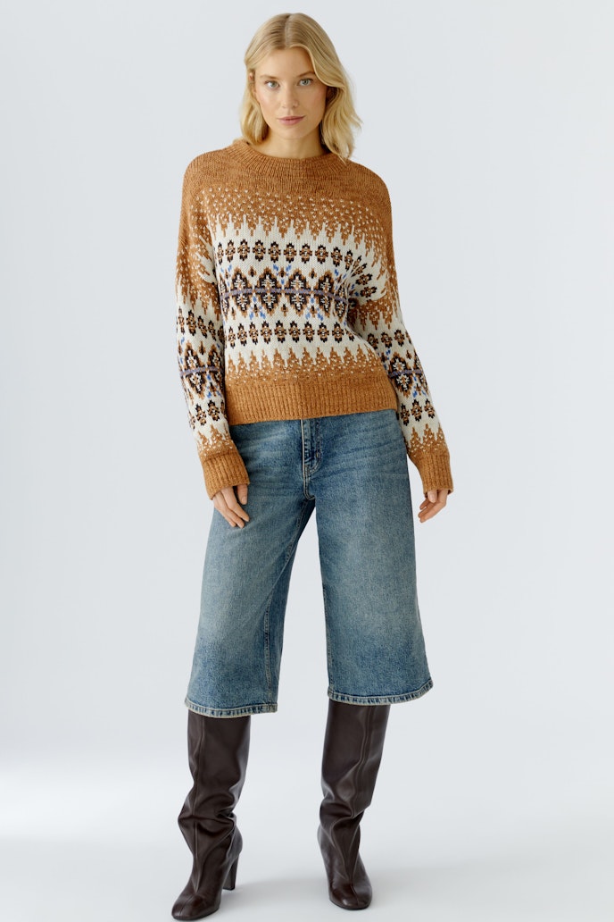 Oui Norwegian Sweater in Camel & Off White