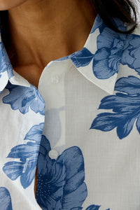 Oui Printed Cotton Voile Blouse in Blue/White
