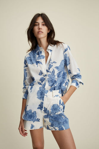 Oui Printed Cotton Voile Blouse in Blue/White