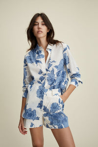 Oui Printed Cotton Voile Blouse in Blue/White
