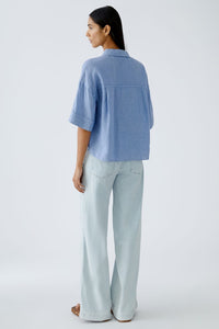Oui Short Sleeve Linen Blouse in Ocean Blue