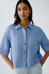 Oui Short Sleeve Linen Blouse in Ocean Blue