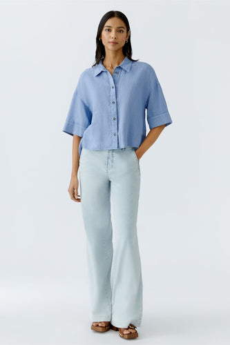 Oui Short Sleeve Linen Blouse in Ocean Blue
