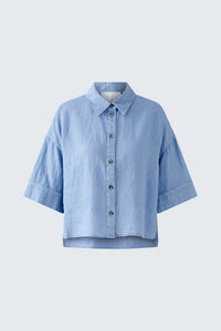 Oui Short Sleeve Linen Blouse in Ocean Blue