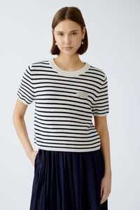 Oui Striped Short Sleeve Sweater in White/Blue