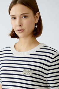 Oui Striped Short Sleeve Sweater in White/Blue