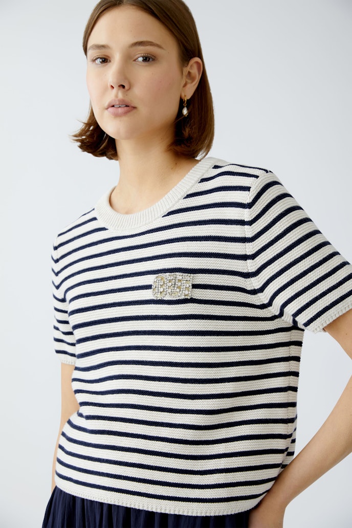 Oui Striped Short Sleeve Sweater in White/Blue