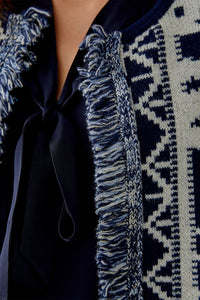 Oui Knit Fringe Cardigan in Dark Blue