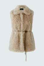 Load image into Gallery viewer, A sleeveless beige faux fur vest with a collar and a brown tie belt, shown against a light gray background.

