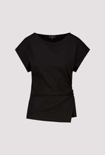 Load image into Gallery viewer, A black short-sleeve top with a boat neckline and a twisted detail on the side, displayed against a light gray background.
