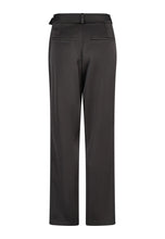 Load image into Gallery viewer, A pair of dark charcoal gray wide-leg trousers shown from the back, featuring a high waistband with a small side tab detail and two welt pockets, set against a plain white background.
