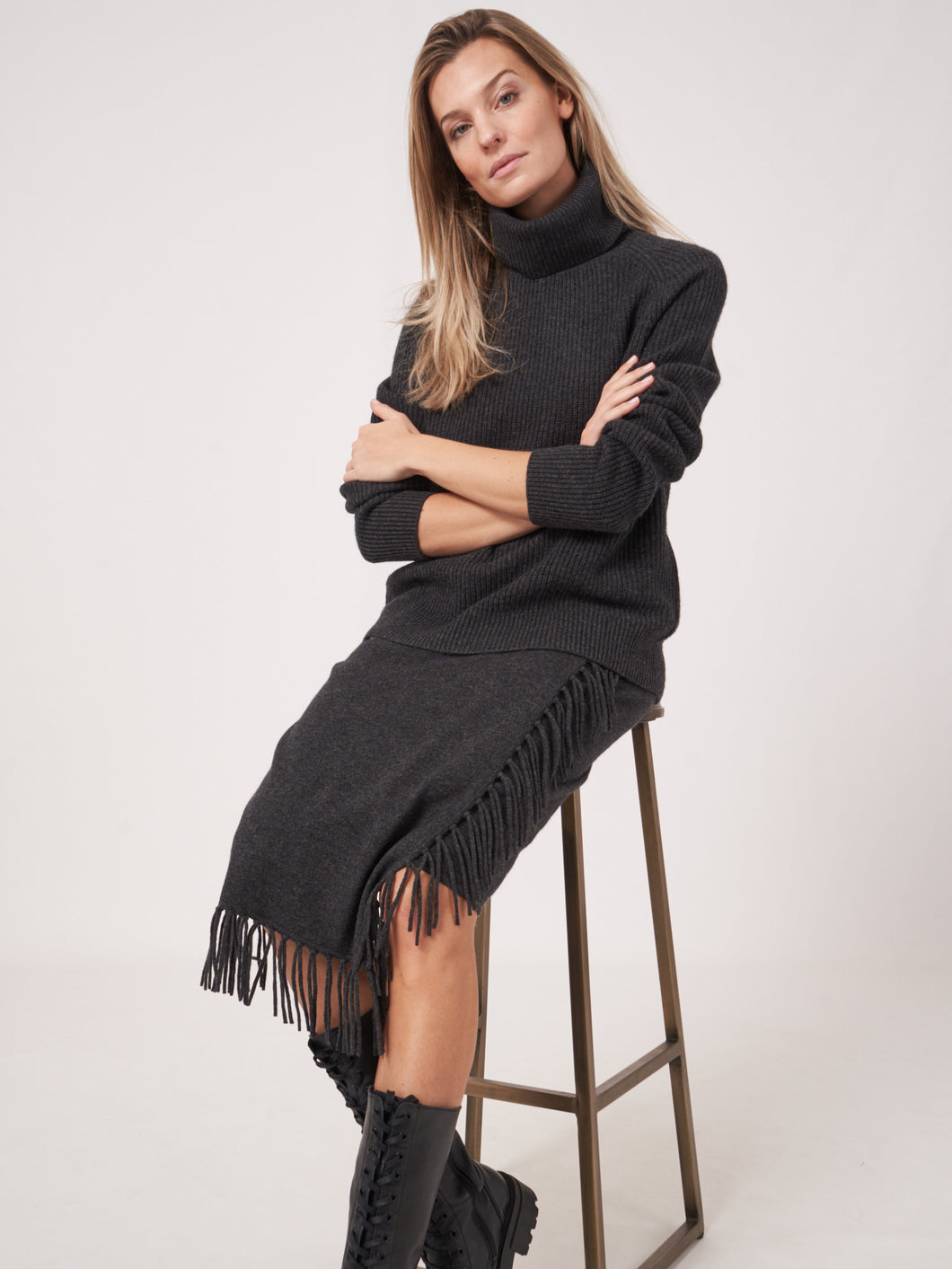 Repeat Fringe Knitted Skirt in Charcoal