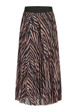 Load image into Gallery viewer, A pleated midi skirt featuring a zebra print pattern in black and dusty rose pink, with a solid black waistband, shown against a plain white background.

