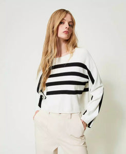 TWINSET Striped Sweater in Snow/Black