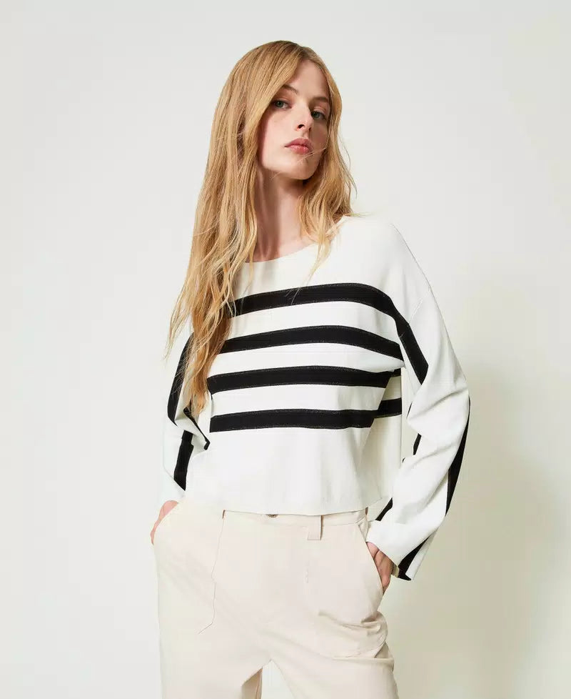 TWINSET Striped Sweater in Snow/Black