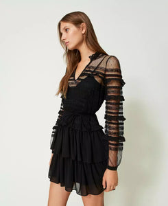 TWINSET Short Tulle & Lace Dress in Black