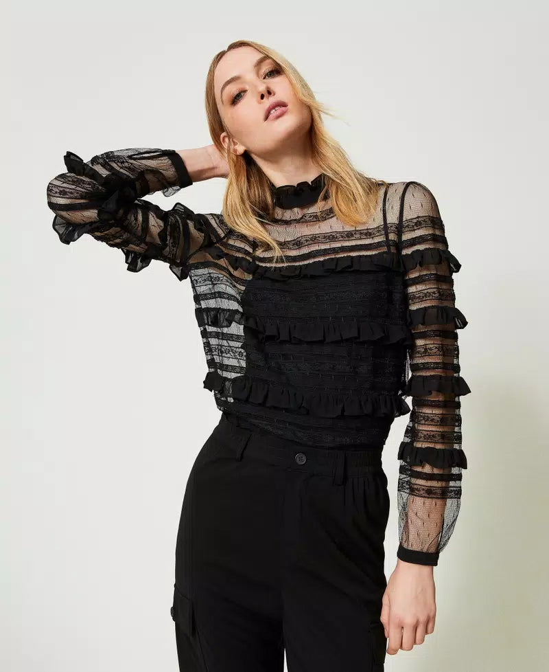 Twinset Tulle & Lace Blouse in Black