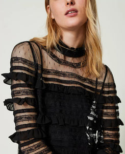 Twinset Tulle & Lace Blouse in Black