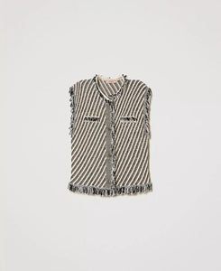 TWINSET Jacquard Knit Sleeveless Fringe Vest