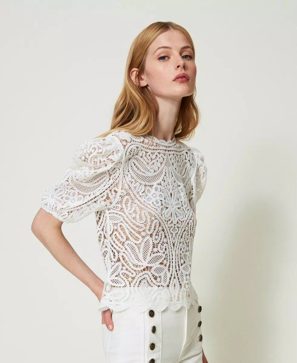 TWINSET Lace Crochet Top in White Snow