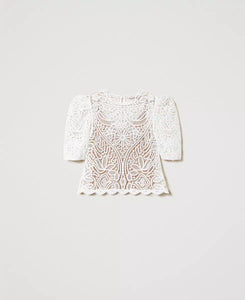 TWINSET Lace Crochet Top in White Snow