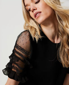 TWINSET Tulle & Lace Short Sleeve Top in Black
