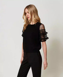 TWINSET Tulle & Lace Short Sleeve Top in Black
