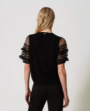 Load image into Gallery viewer, TWINSET Tulle &amp; Lace Short Sleeve Top in Black
