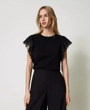 Load image into Gallery viewer, Twinset T-Shirt with Scalloped Lace Sleeve in Black
